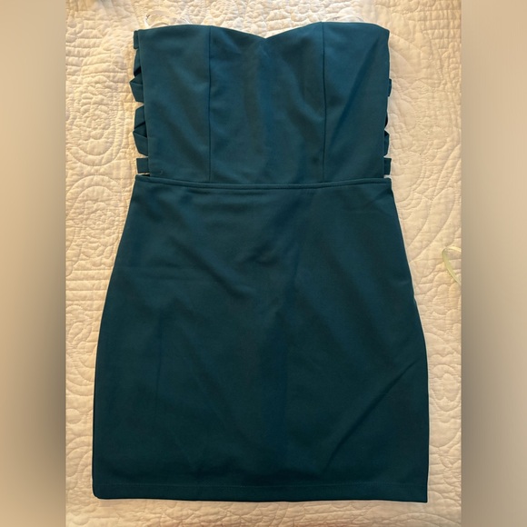 Lulu’s Side of Sultry Teal Strapless Cutout Bodycon Mini Dress - Picture 3 of 4